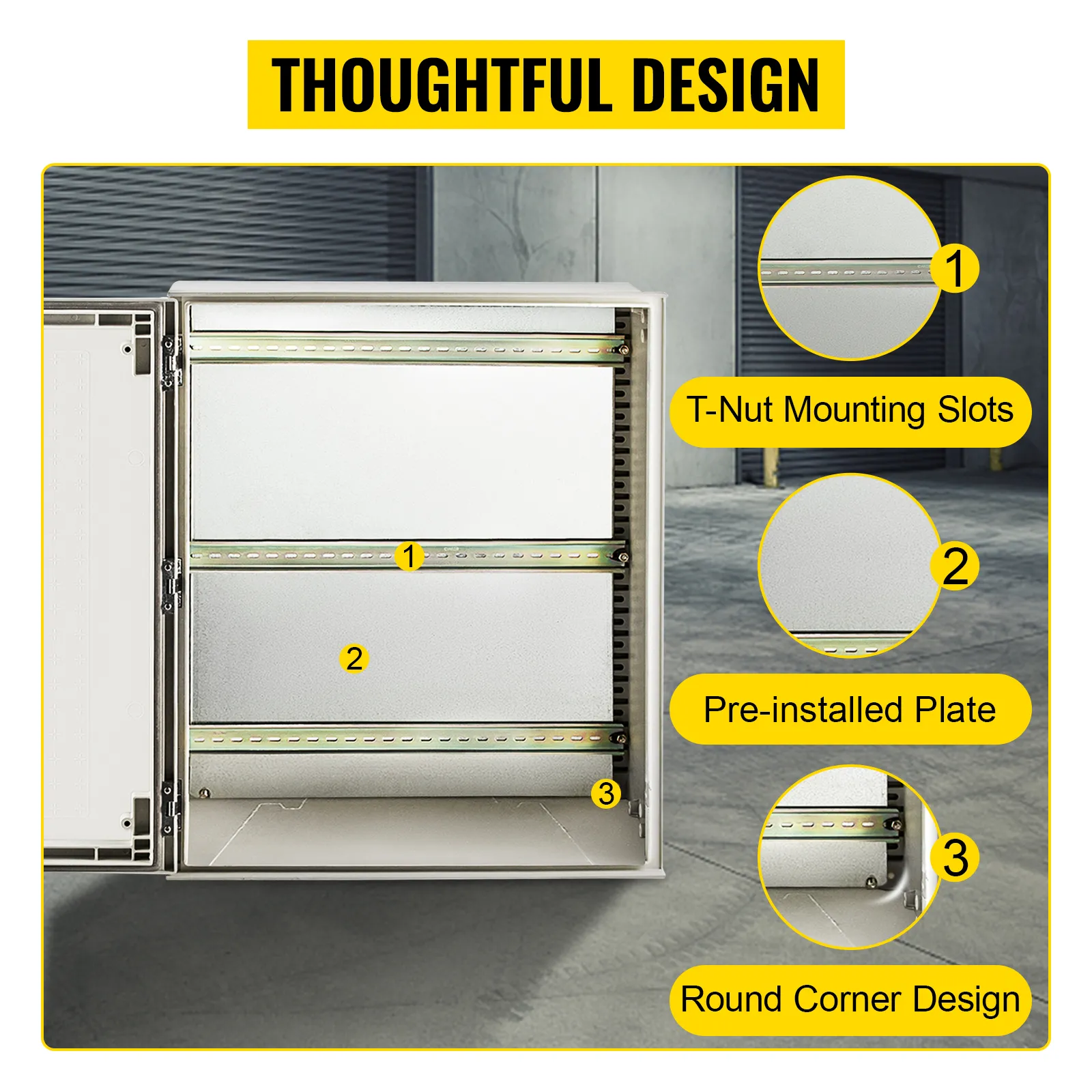 VEVOR nema 4x electrical enclosure with t-nut mounting slots, pre-installed plate, and round corners.