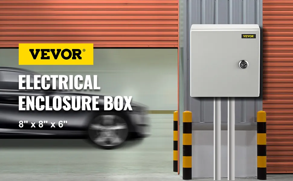 VEVOR nema steel enclosure, 8"x8"x6", wall-mounted with a car in the background.