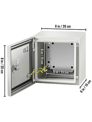 VEVOR nema steel enclosure with open door, internal dimensions labeled as 8x6x6 inches.