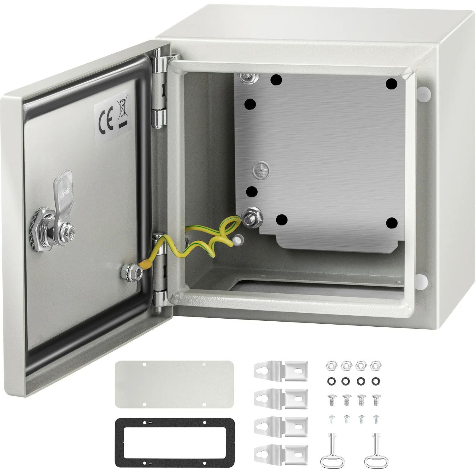 VEVOR nema steel enclosure with door open, showcasing internal components and accessories.