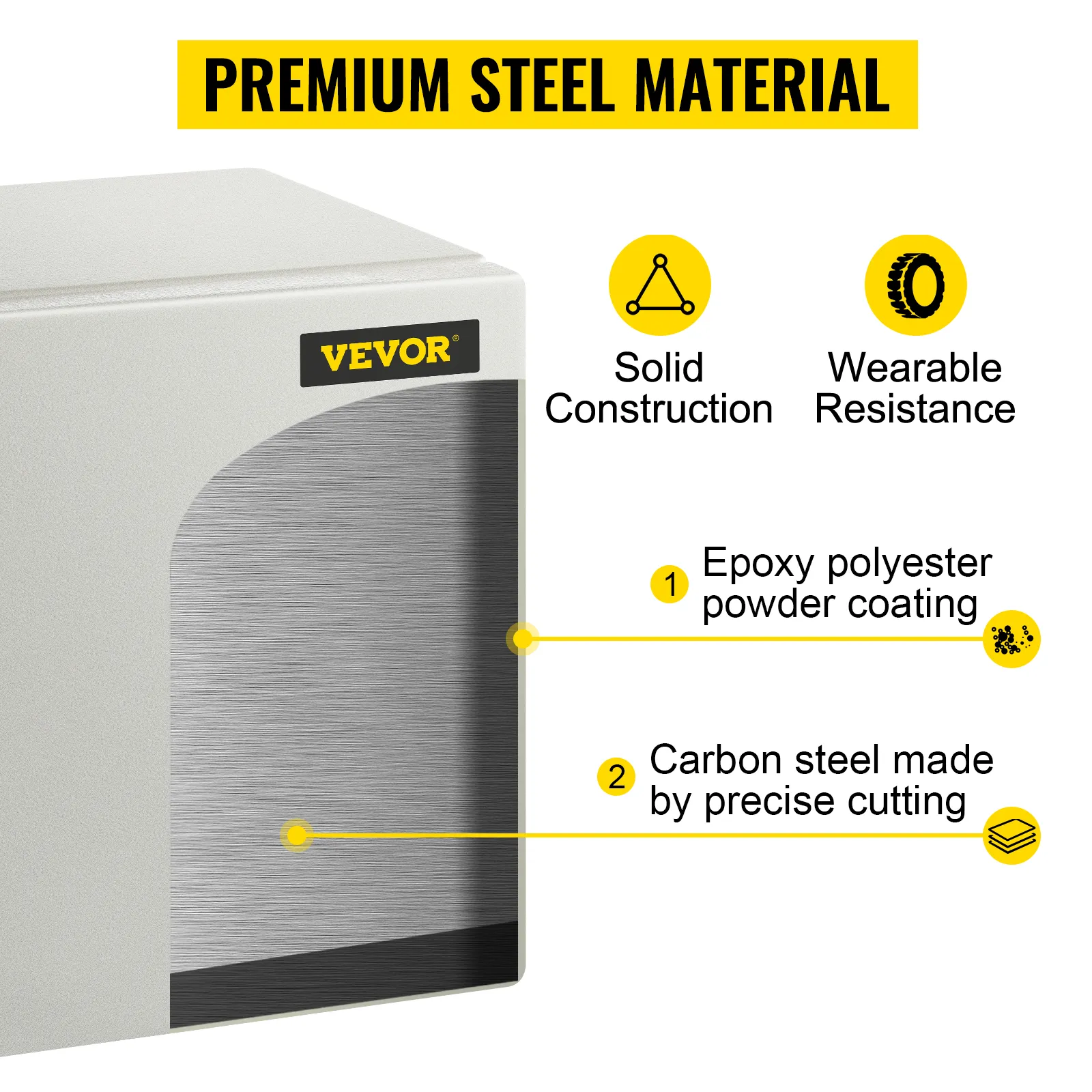 VEVOR nema steel enclosure with epoxy polyester coating, carbon steel, and solid construction.