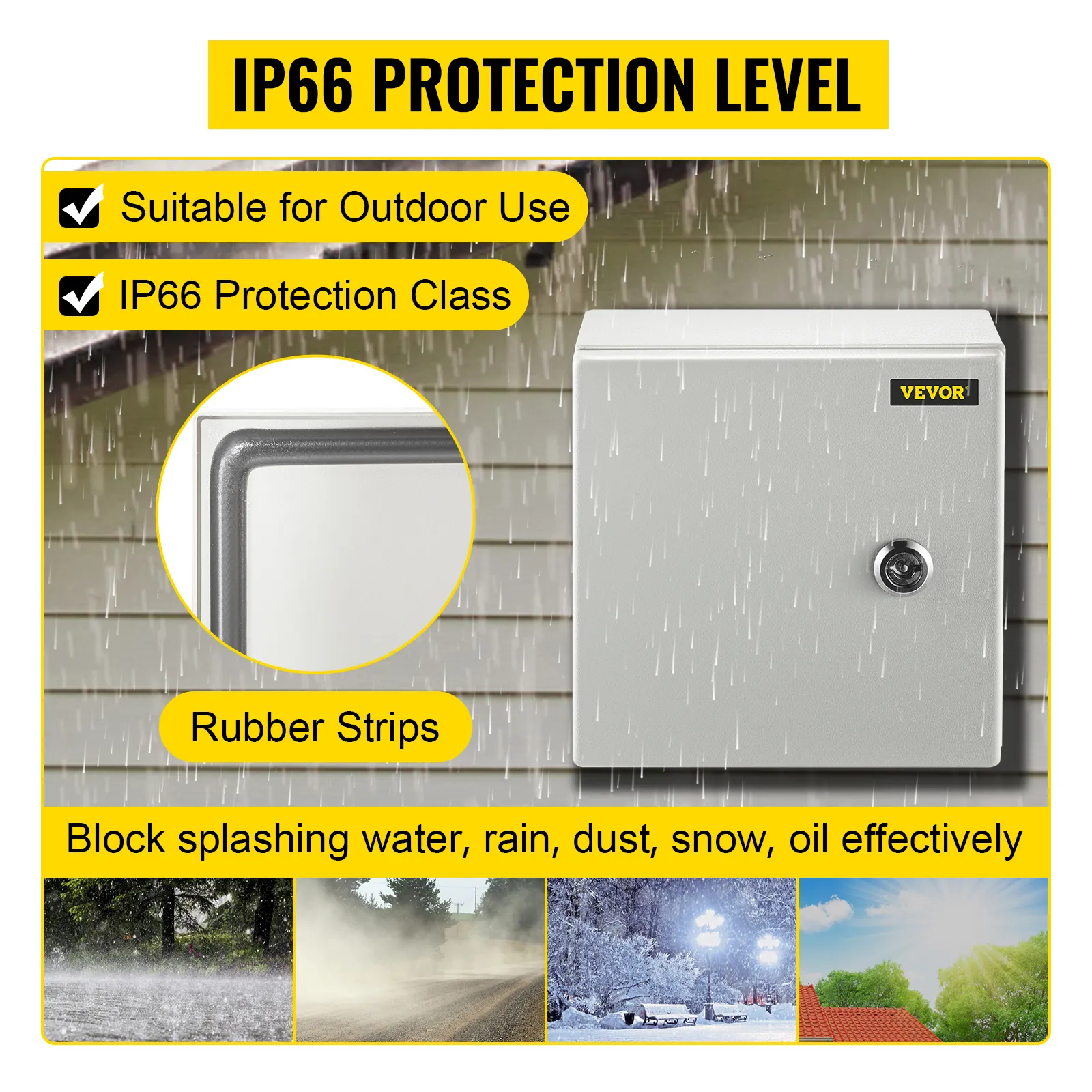 VEVOR nema steel enclosure with ip66 protection for outdoor use against elements.