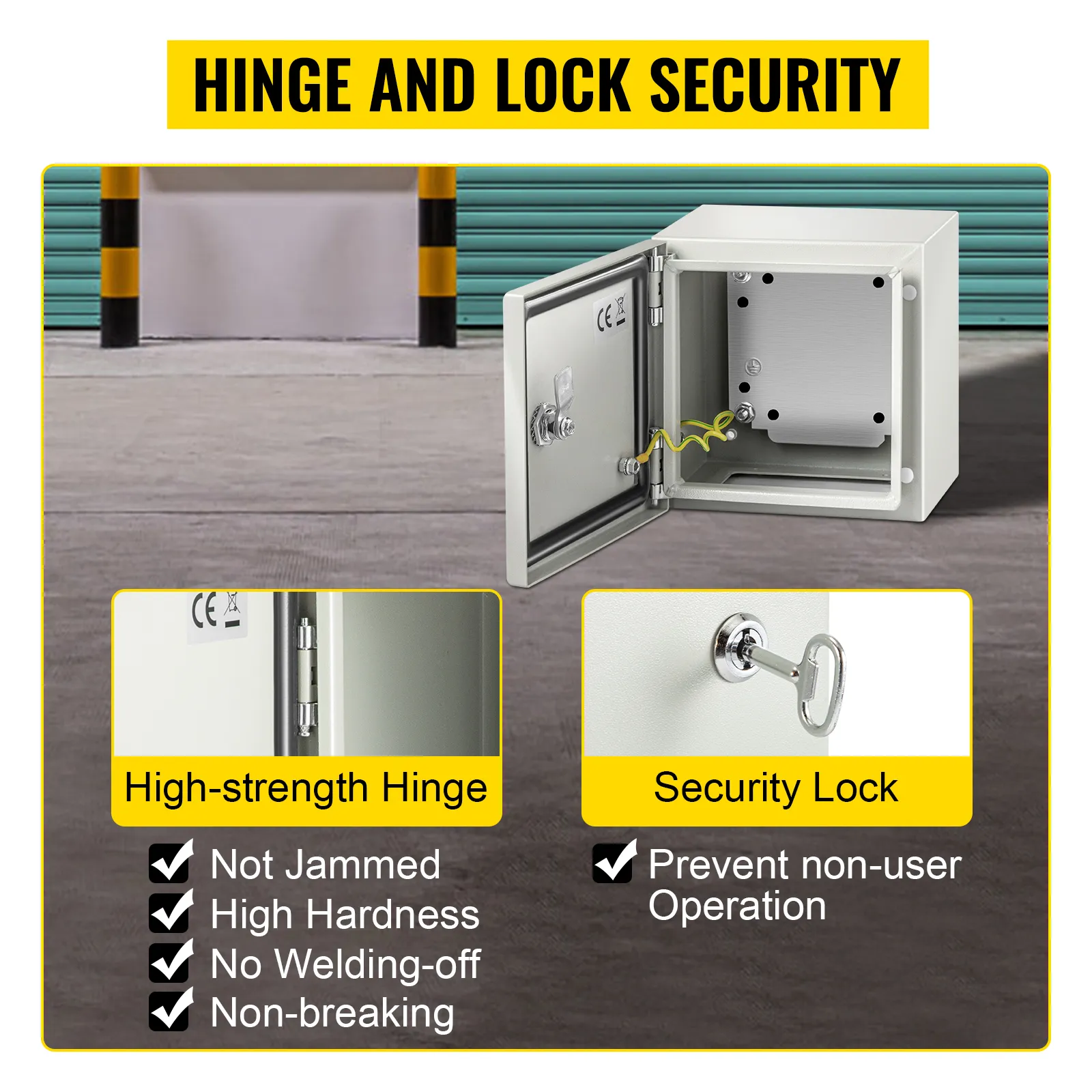VEVOR nema steel enclosure with high-strength hinge and security lock, yellow and black background.