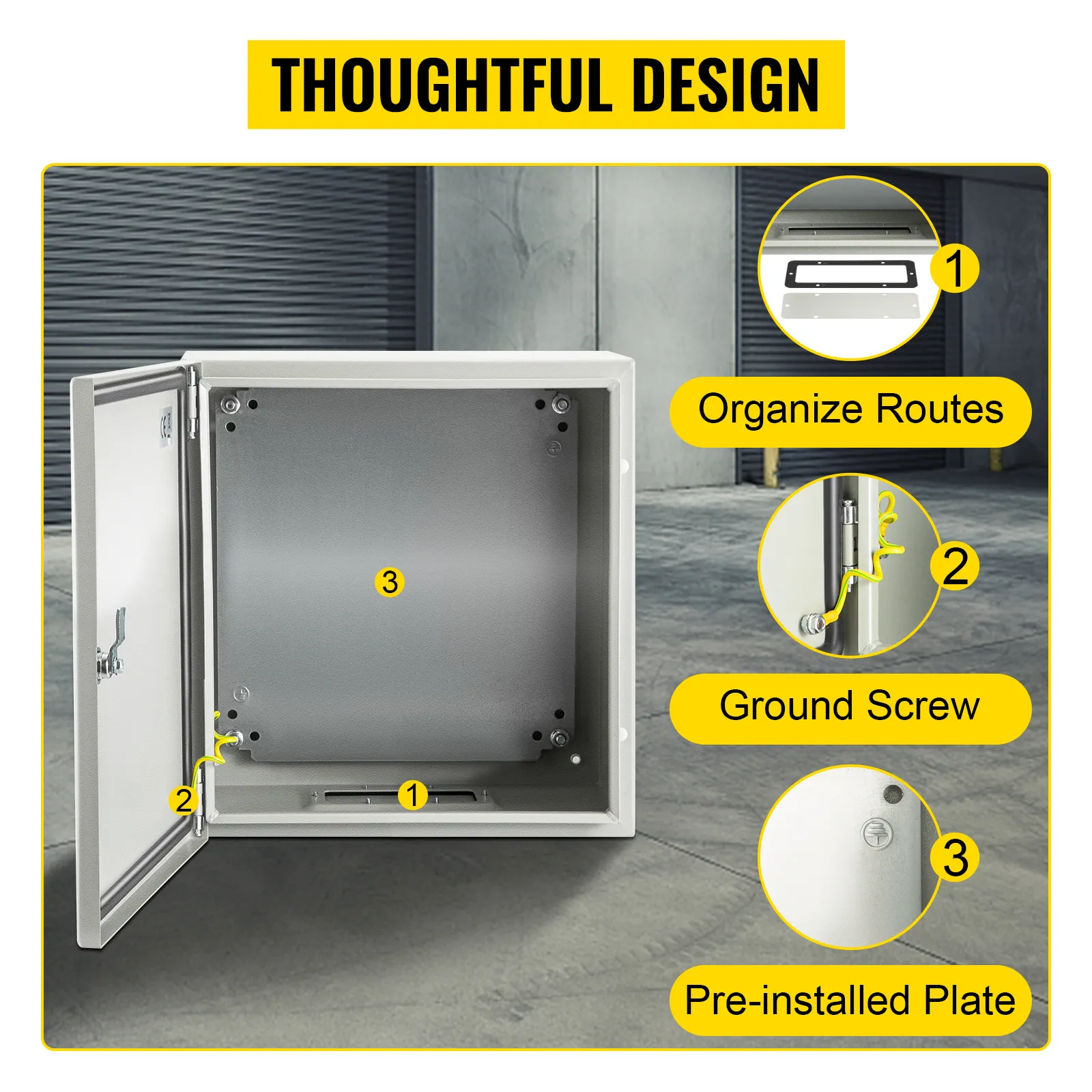 VEVOR nema steel enclosure with pre-installed plate, ground screw, and organized routes.