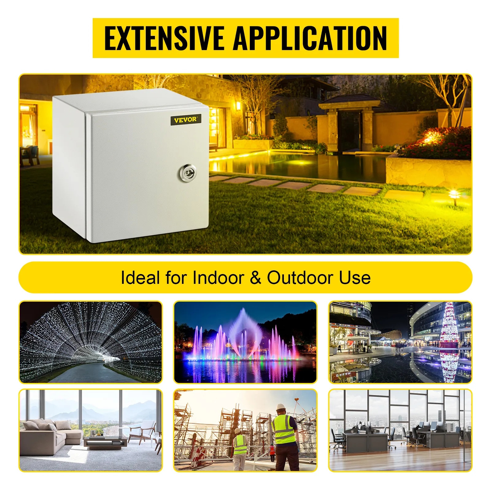 VEVOR nema steel enclosure for diverse indoor and outdoor applications.
