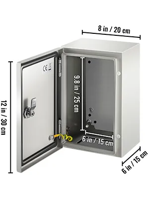 VEVOR nema 4x steel enclosure with dimensions marked for width, height, and depth.