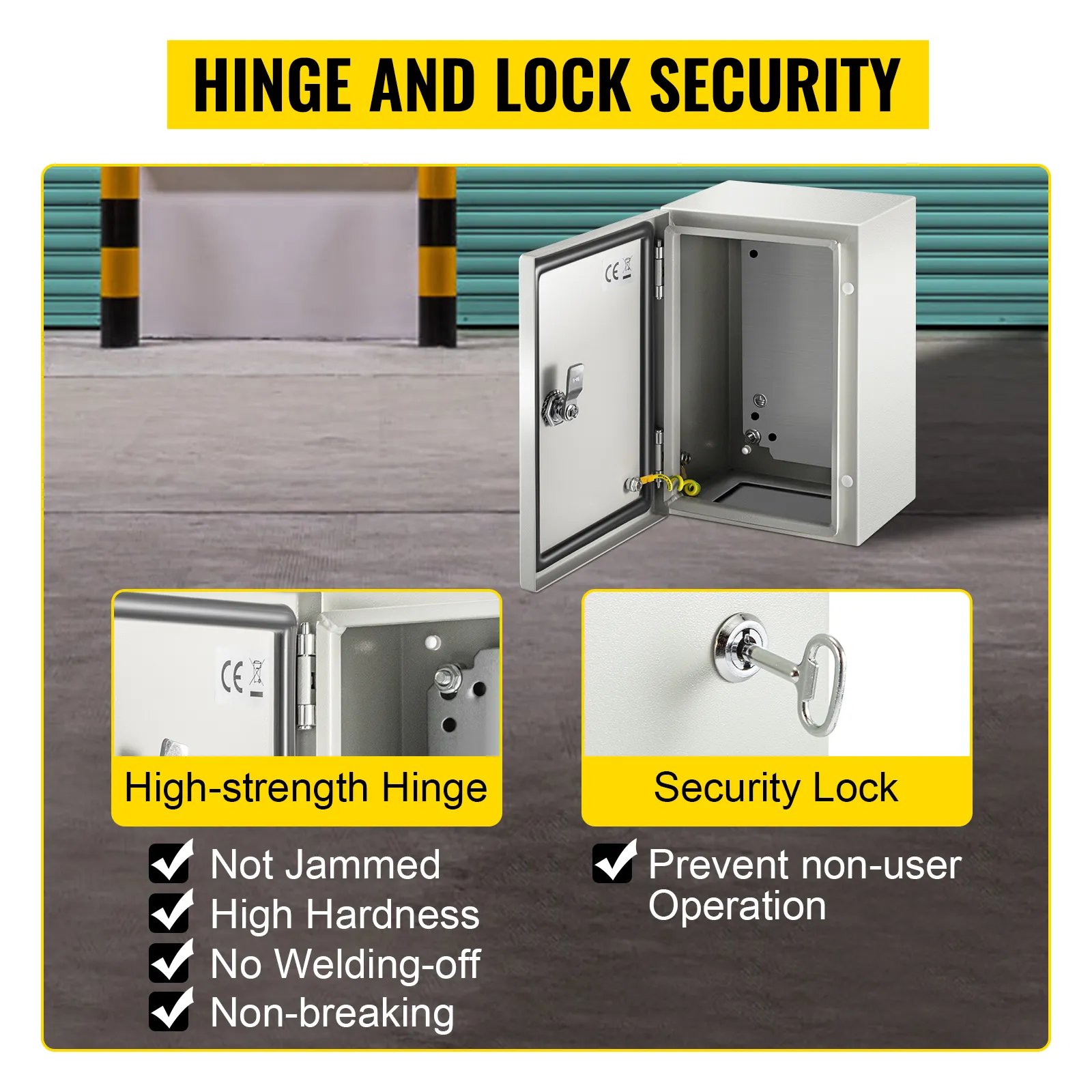 VEVOR nema 4x steel enclosure with high-strength hinge and security lock features.