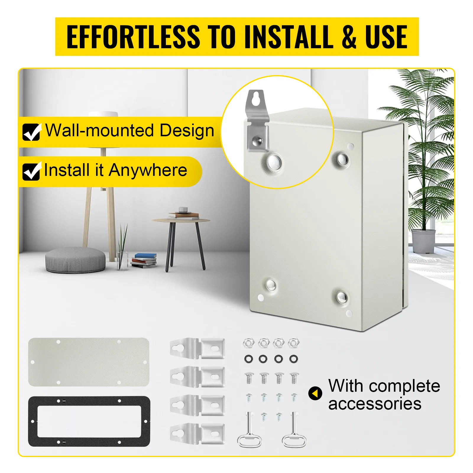VEVOR nema 4x steel enclosure with wall-mounted design and included accessories.