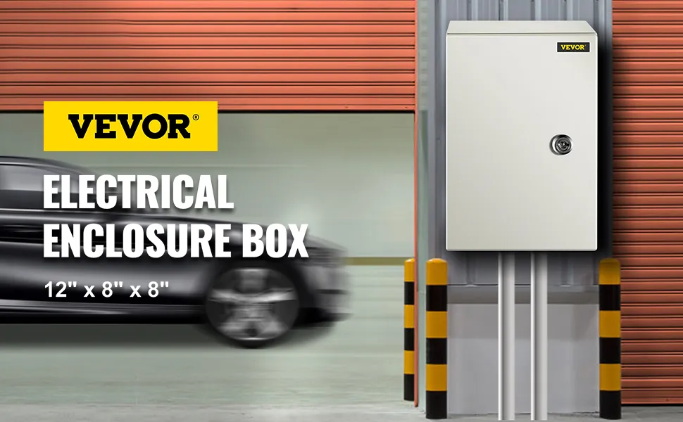VEVOR nema 4x steel electrical box mounted near a garage with orange doors.