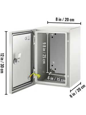 VEVOR nema 4x steel electrical box with dimensions 12x8x8 inches, open door view.