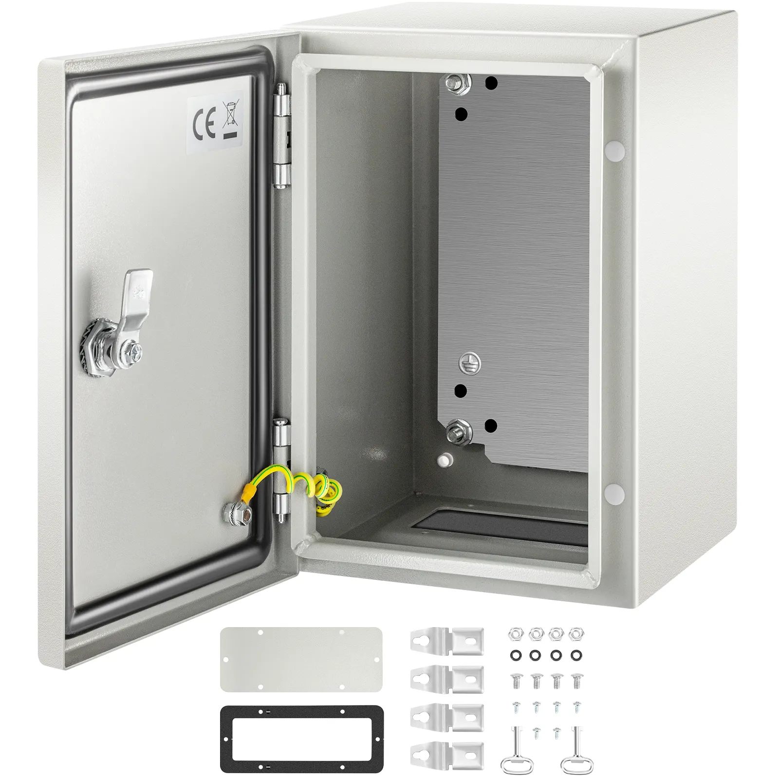 VEVOR nema 4x steel electrical box with open door and mounting accessories.