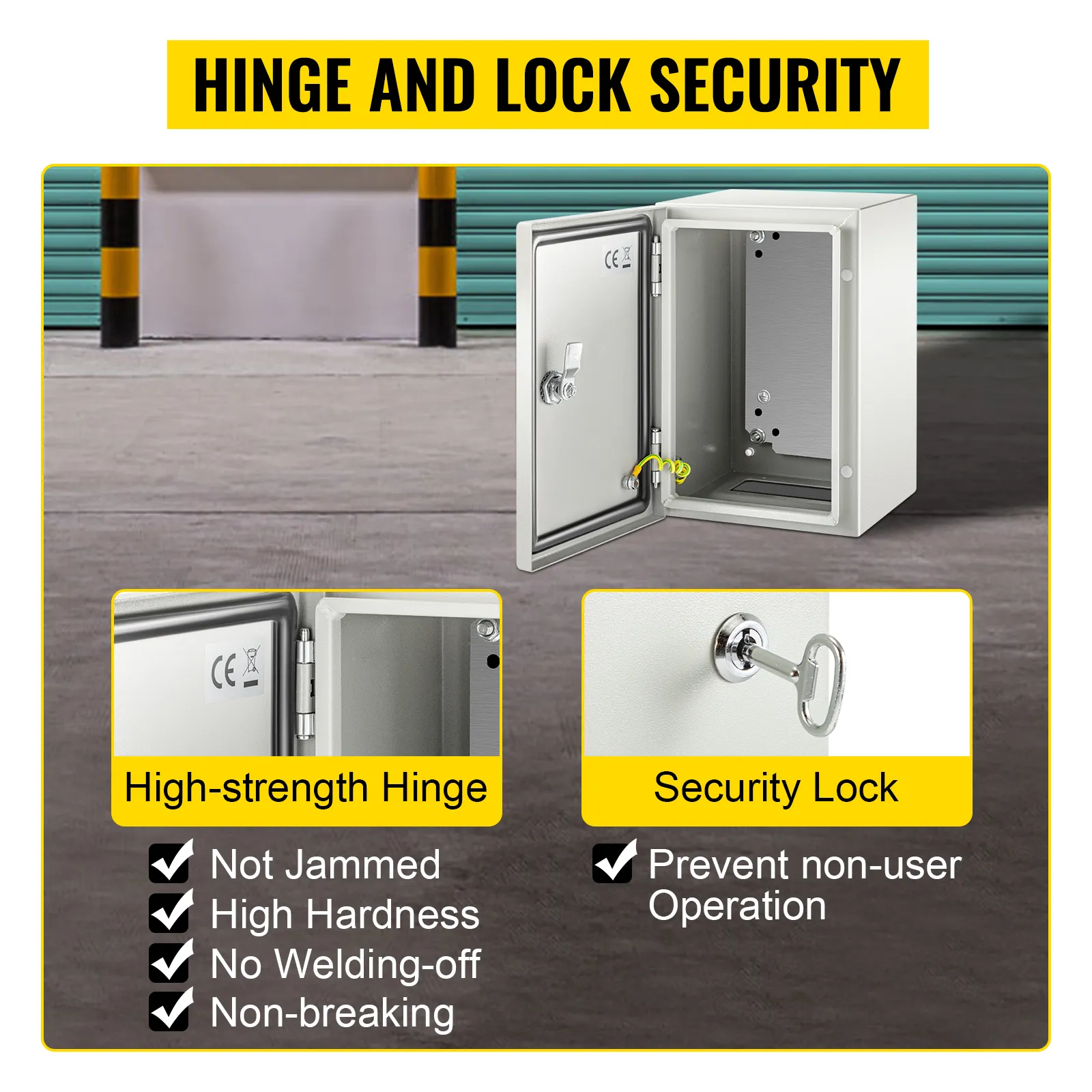 VEVOR nema 4x steel electrical box with high-strength hinge and security lock.