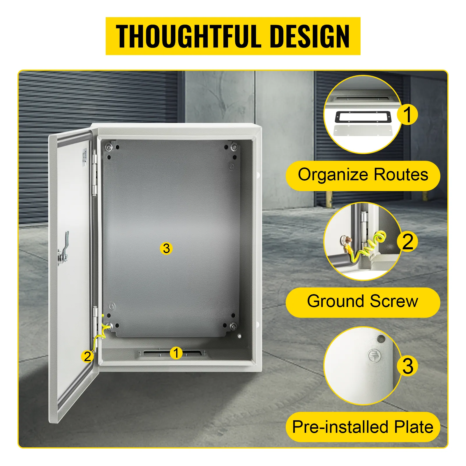 VEVOR nema 4x steel electrical box with organized routes, ground screw, and pre-installed plate.