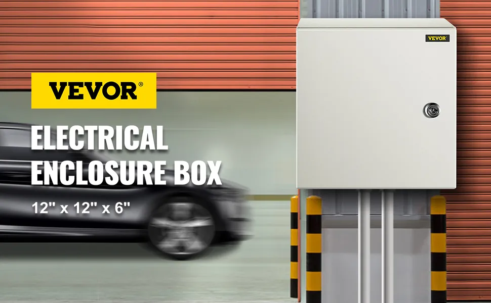 VEVOR nema 4x steel enclosure with lock, 12"x12"x6", in industrial setting.
