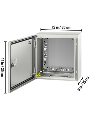 VEVOR nema 4x steel enclosure, dimensions 12x12x6 inches, open door view.