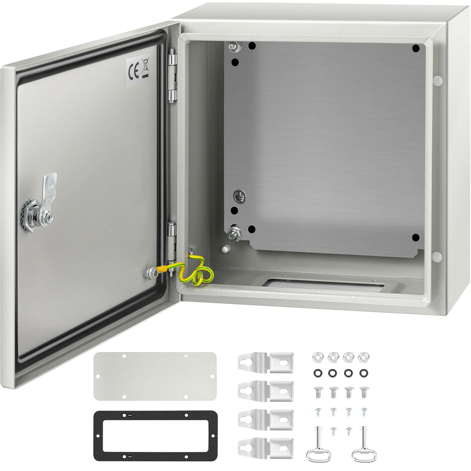 VEVOR nema 4x steel enclosure with open door and included mounting hardware.