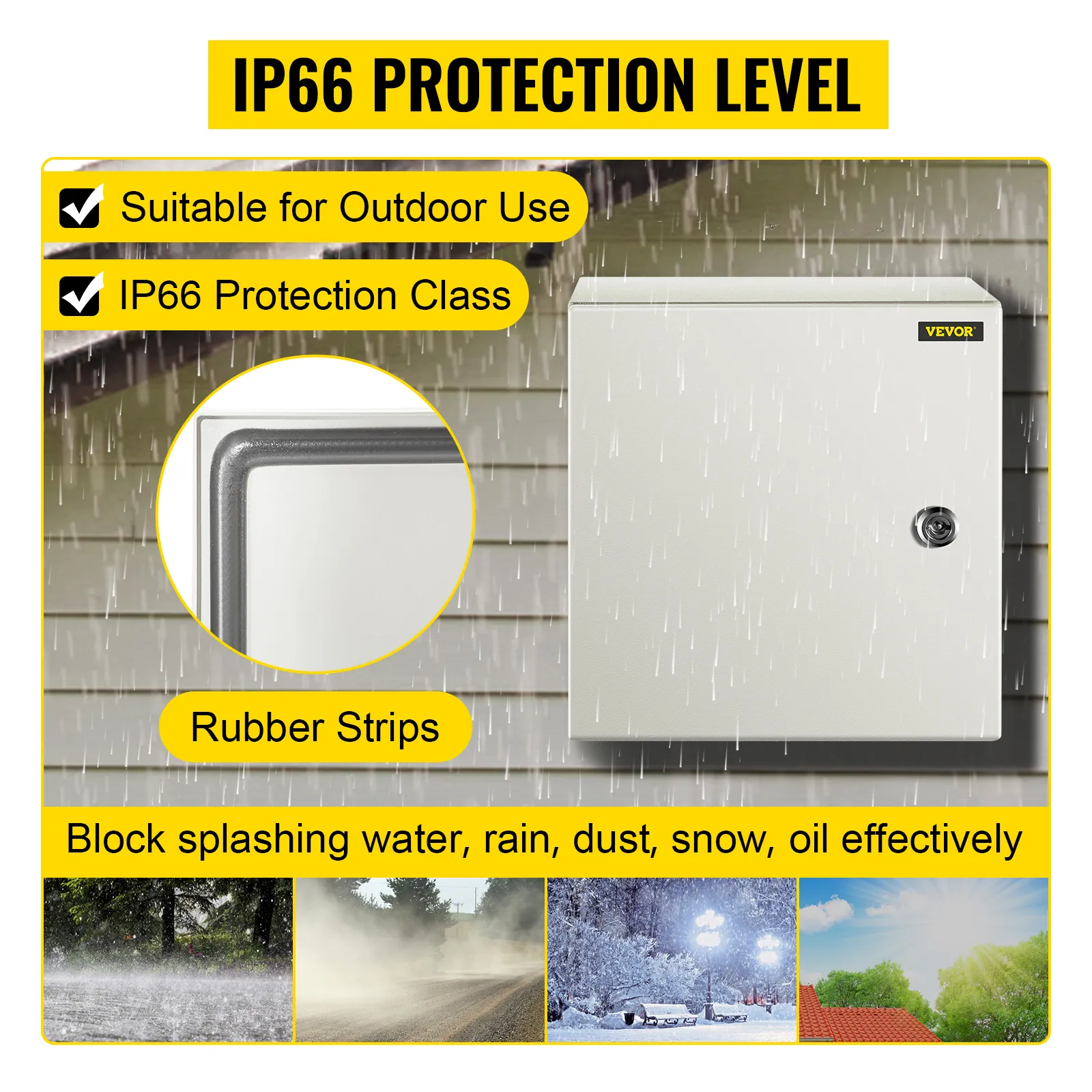 VEVOR nema 4x steel enclosure, ip66 protection, outdoor use, rubber strips.