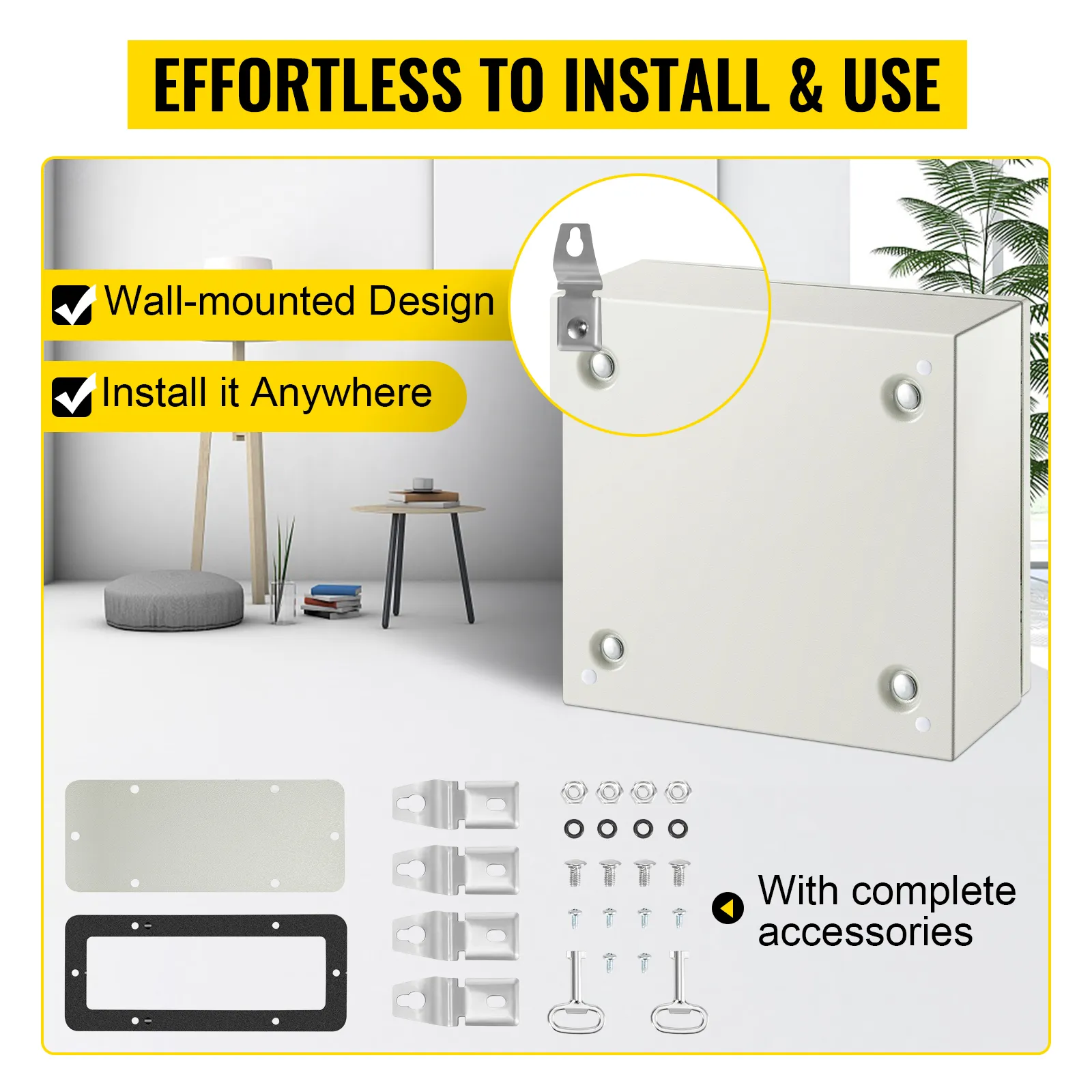 VEVOR nema 4x steel enclosure with wall-mounted design and complete accessories.