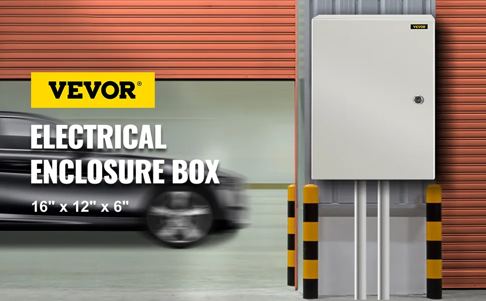 VEVOR electrical enclosure box mounted on an outdoor wall, size 16" x 12" x 6"