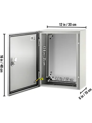 VEVOR electrical enclosure box with open door, dimensions 16x12x6 inches.