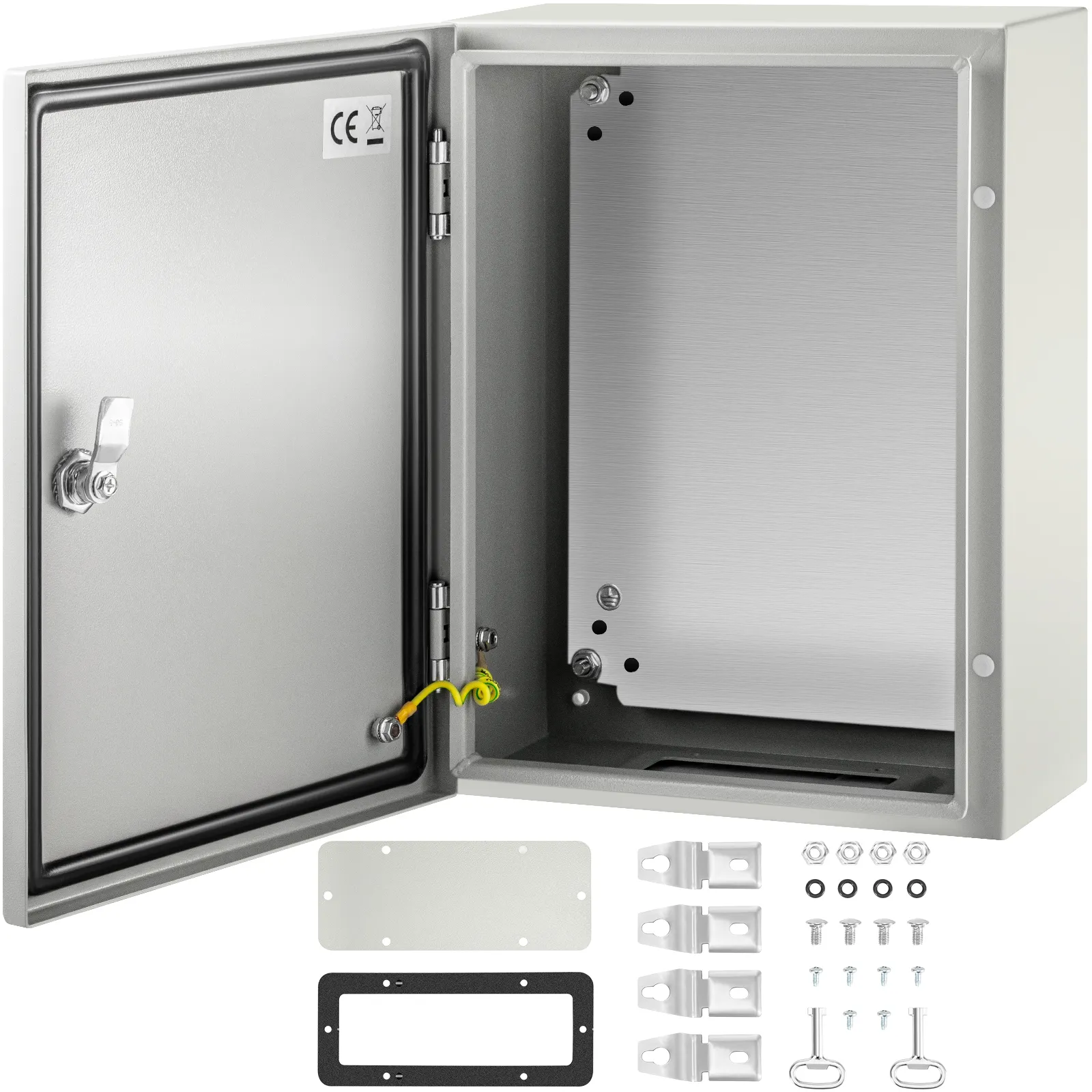 open VEVOR electrical enclosure box with accessories including screws and mounting brackets.