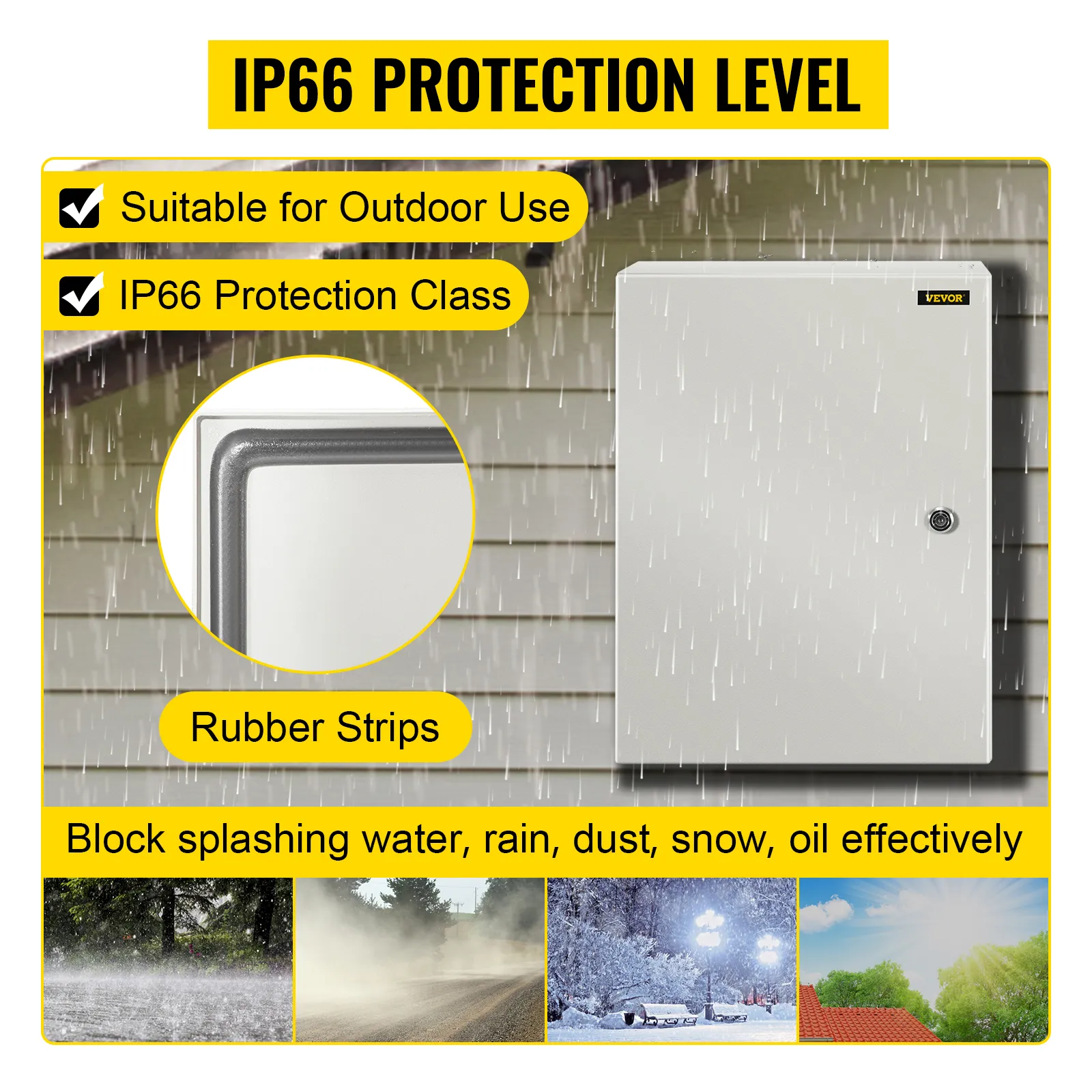 VEVOR electrical enclosure box with ip66 protection for outdoor use, blocks water, dust, snow.