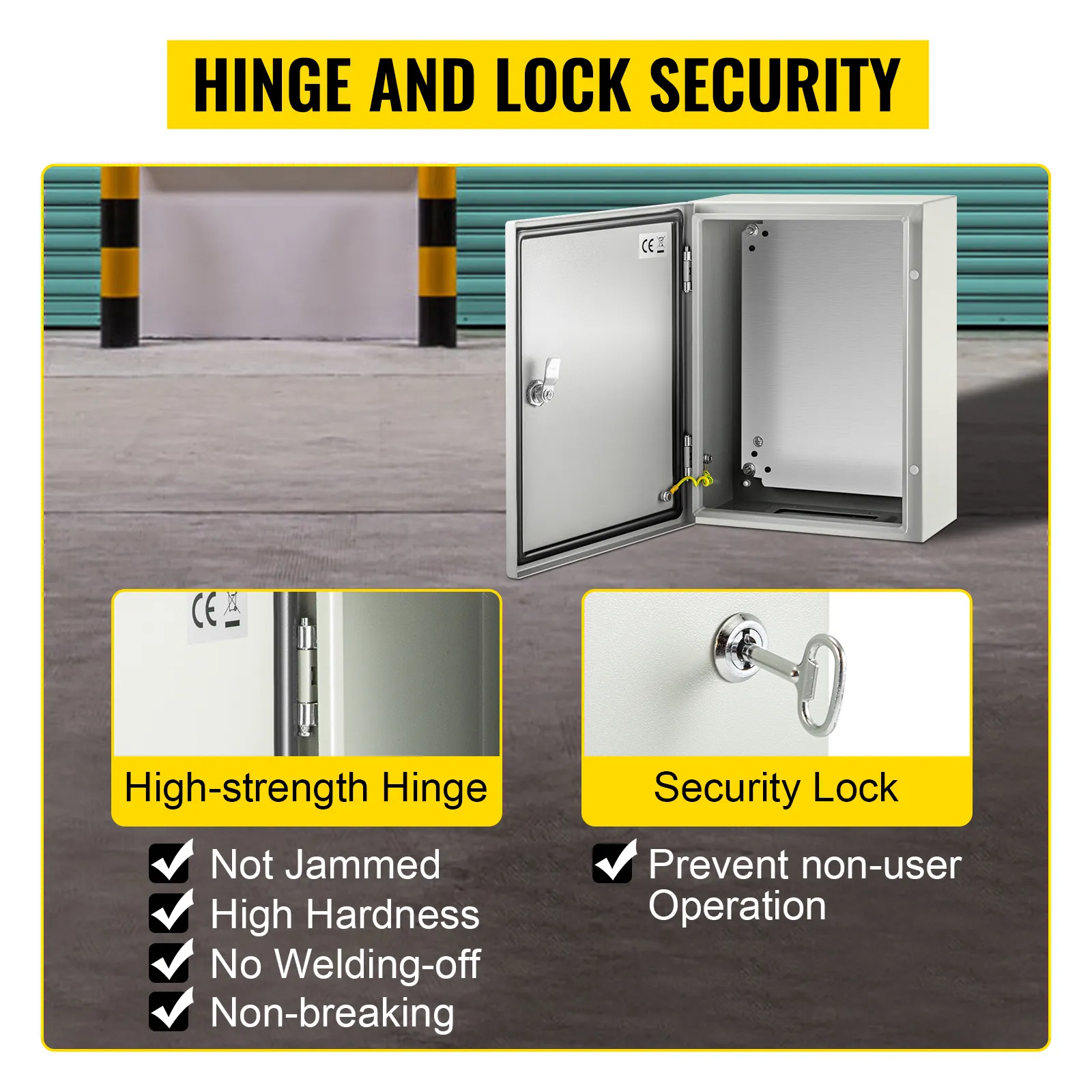 VEVOR electrical enclosure box with high-strength hinge and security lock mechanism.