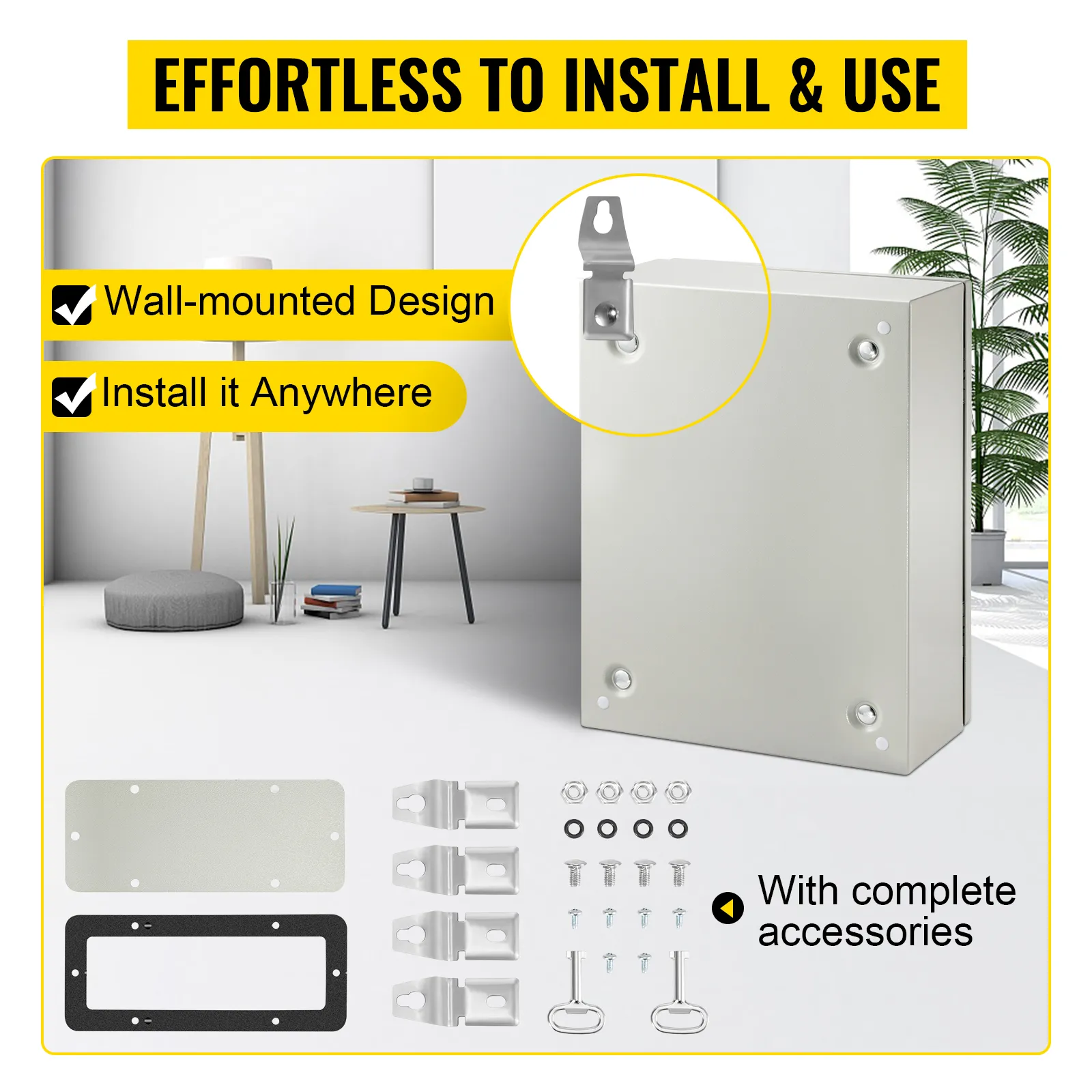 VEVOR electrical enclosure box with wall-mounted design, complete accessories included.