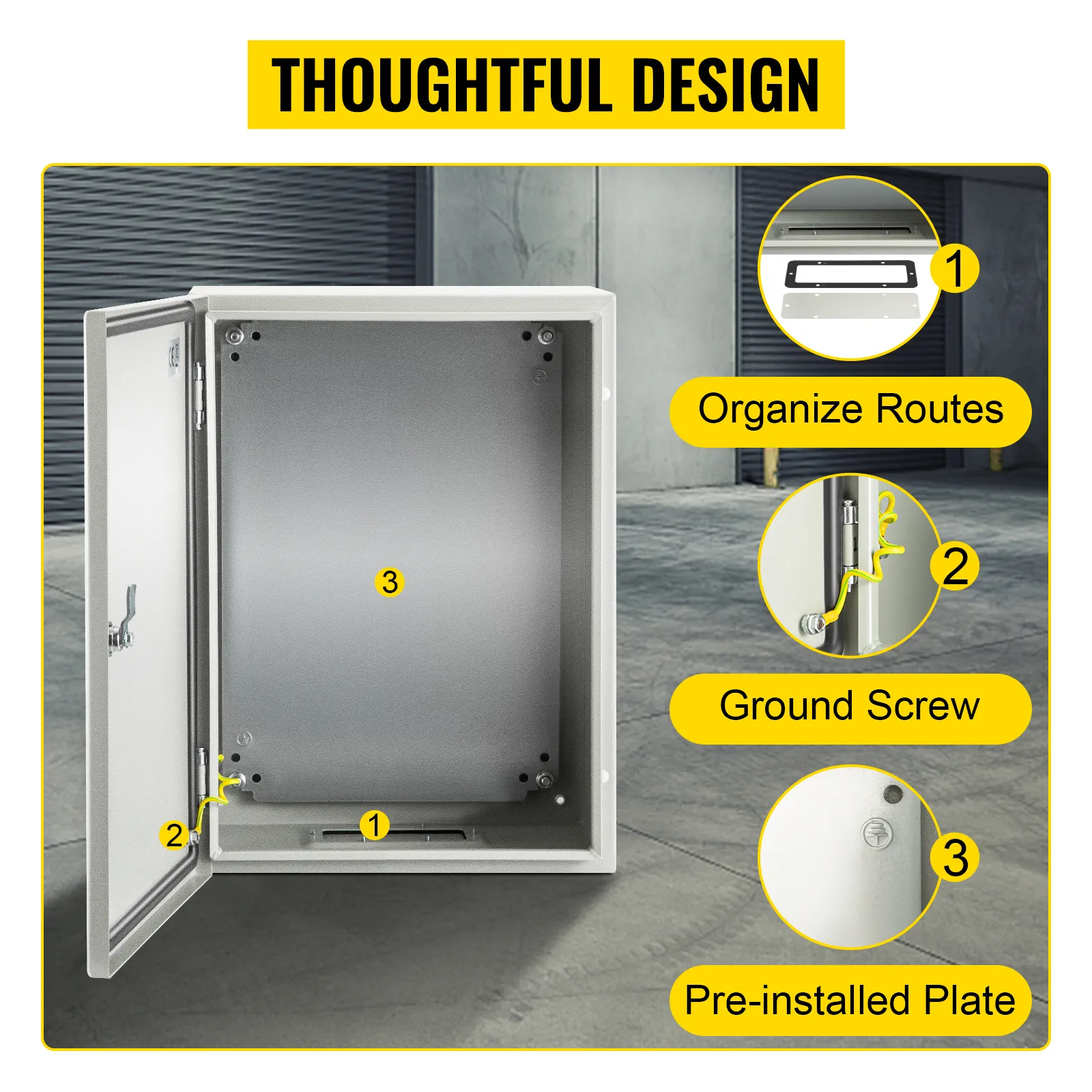 VEVOR electrical enclosure box with route organizer, ground screw, pre-installed plate.