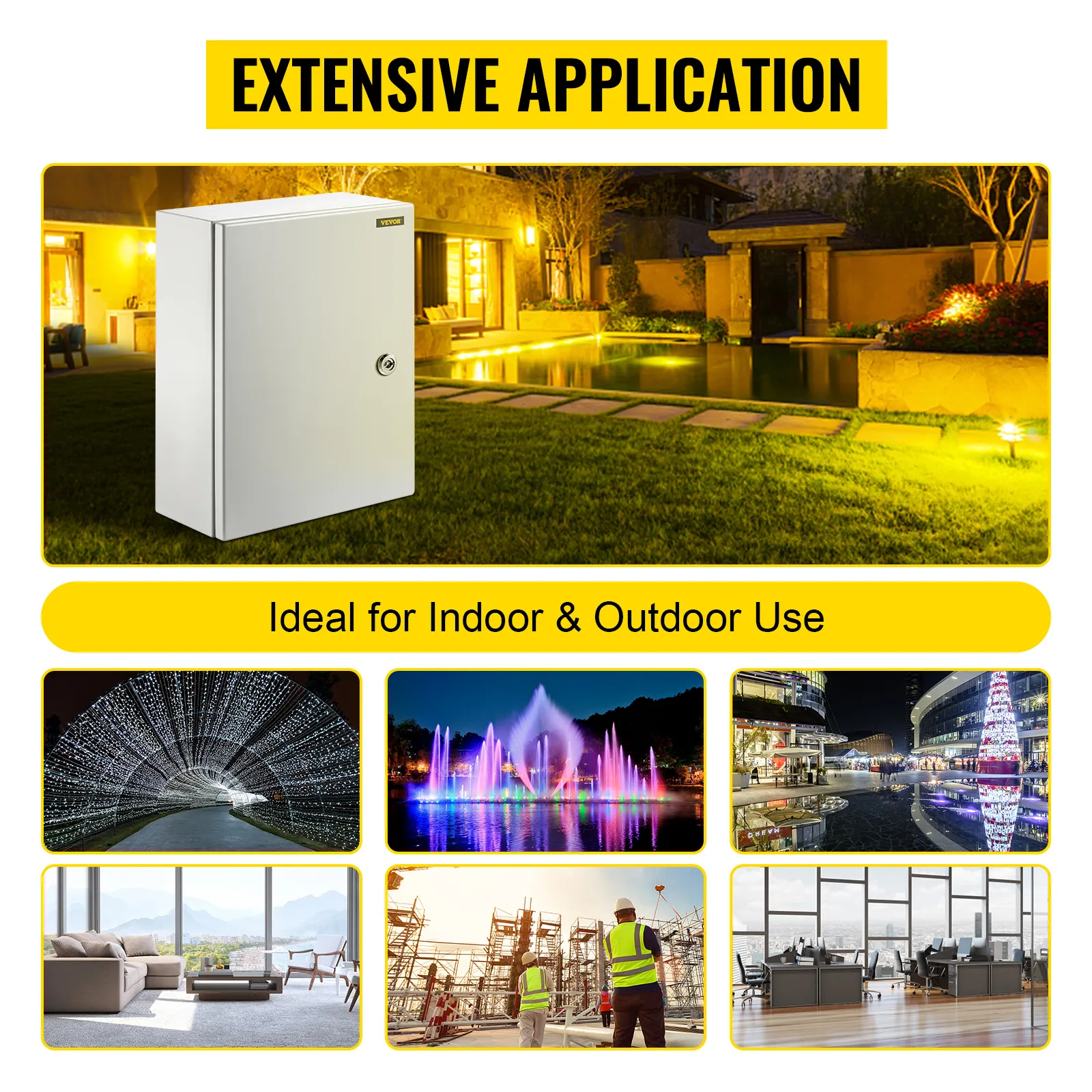 VEVOR electrical enclosure box ideal for indoor and outdoor applications with various scenes.