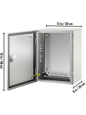 VEVOR nema steel enclosure, dimensions: 16x12x8 in, 13.8x9.8 in interior.