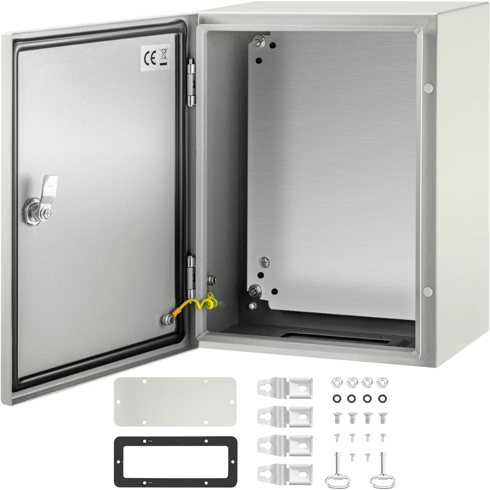 VEVOR nema steel enclosure with accessories and open hinged door showing internal panel.