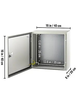 VEVOR nema steel enclosure with dimensions 16x16x8 inches, door open ajar.