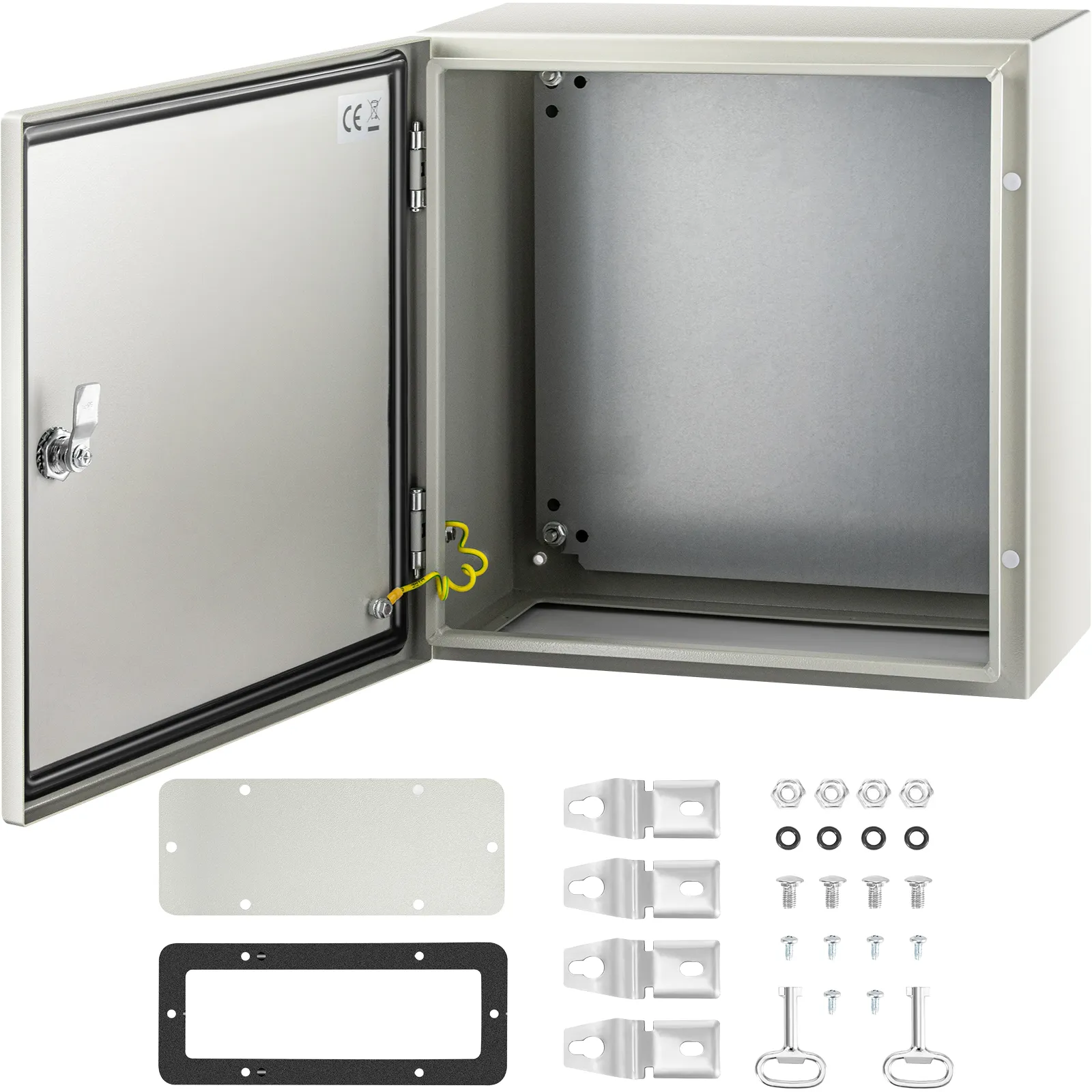 VEVOR nema steel enclosure with open door and mounting hardware.