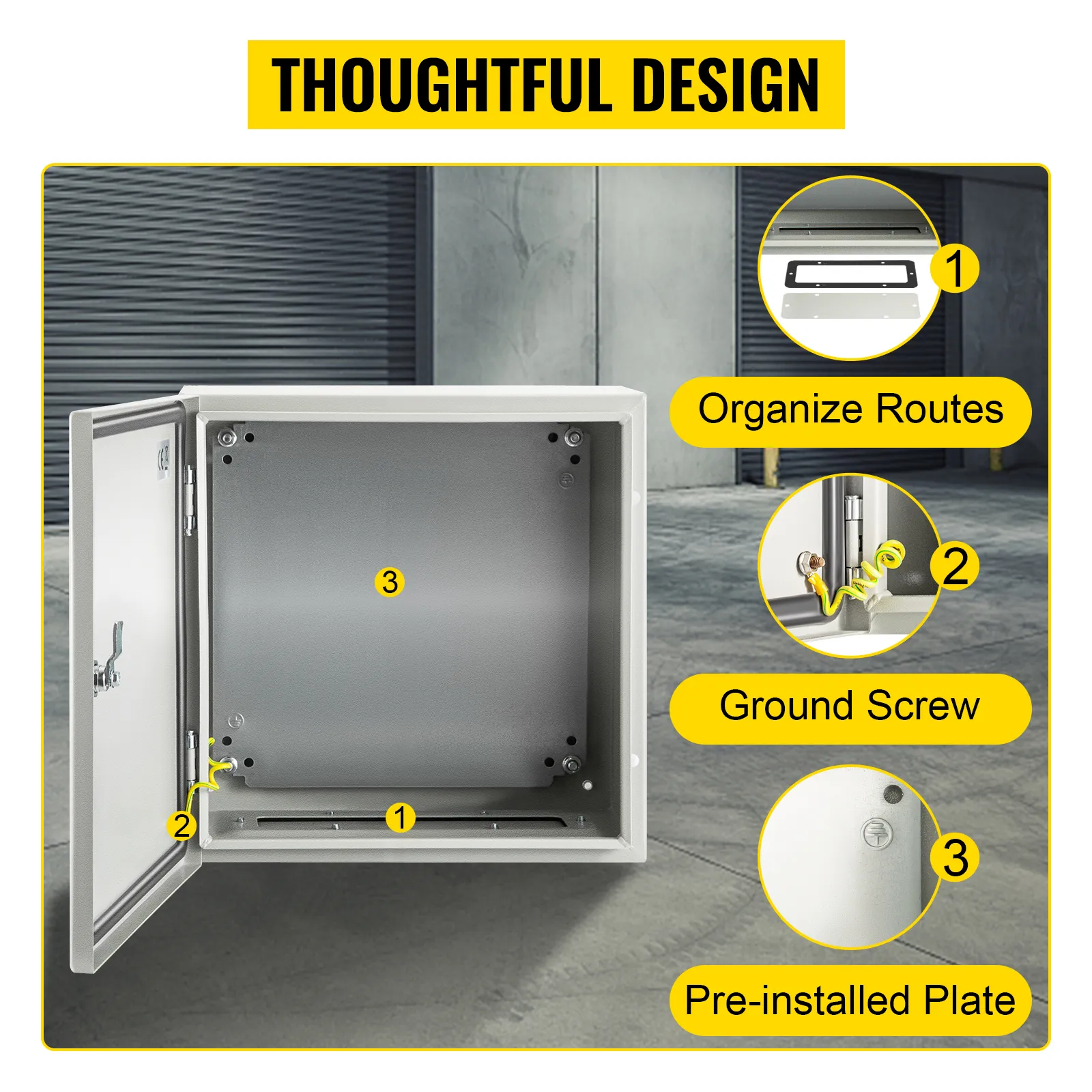 VEVOR nema steel enclosure with organized routes, ground screw, and pre-installed plate.