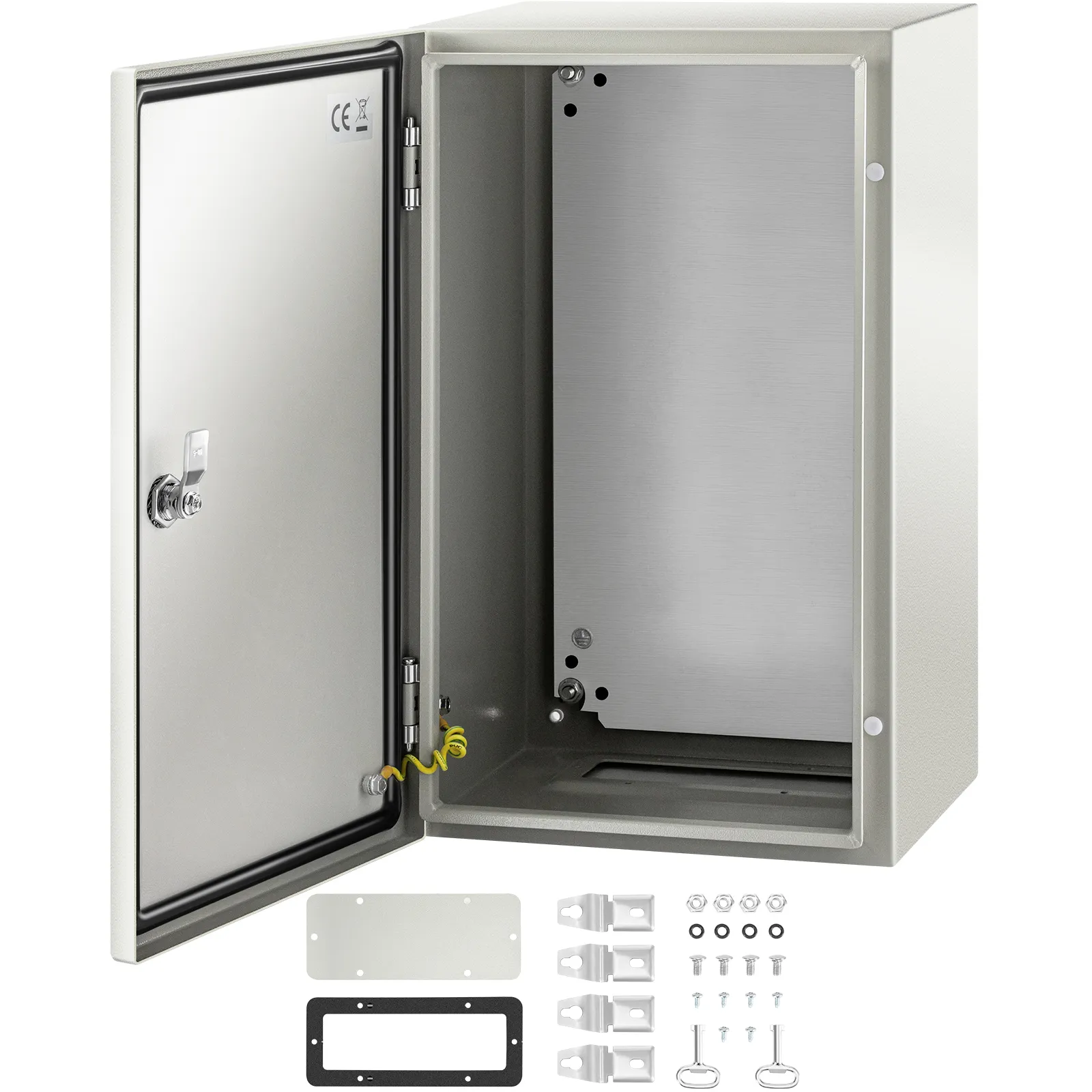 VEVOR nema steel enclosure with door open and mounting accessories displayed.