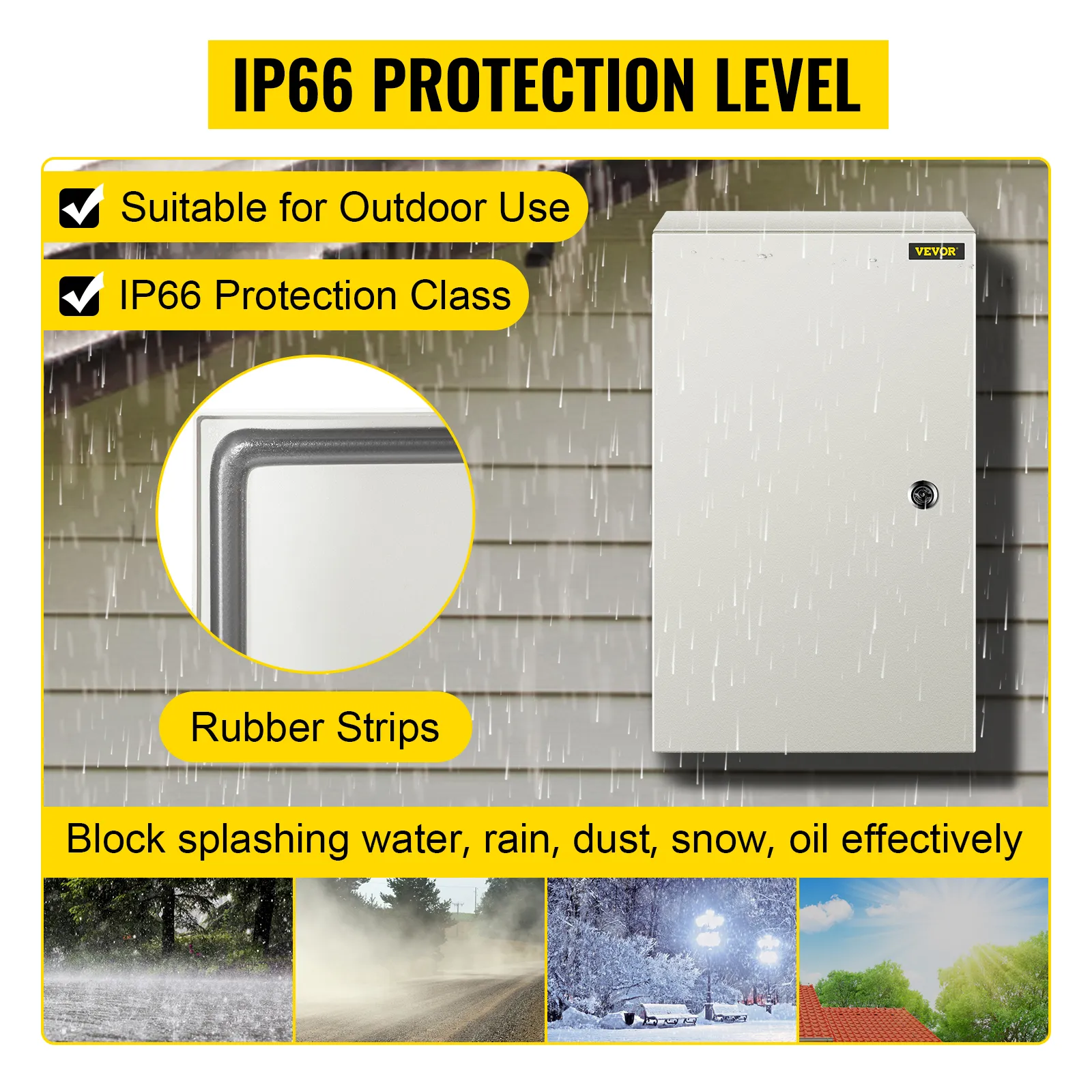VEVOR nema steel enclosure, ip66 protection, outdoor use, rubber strips, weatherproof.