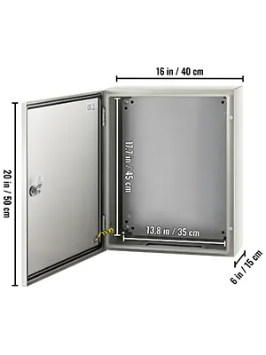 VEVOR nema steel enclosure open with dimensions labeled 20x16x6 inches.