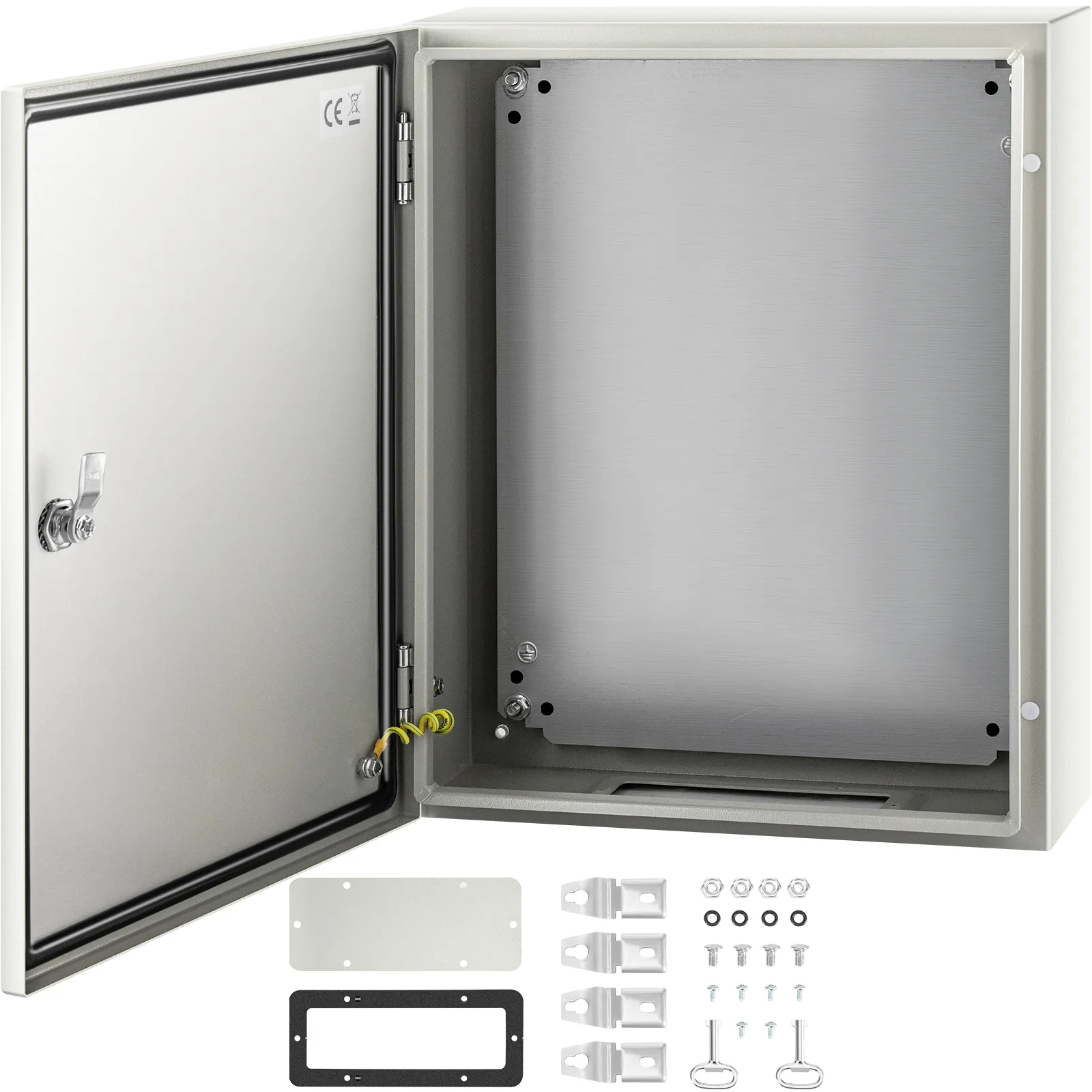 VEVOR nema steel enclosure with open door and mounting accessories.