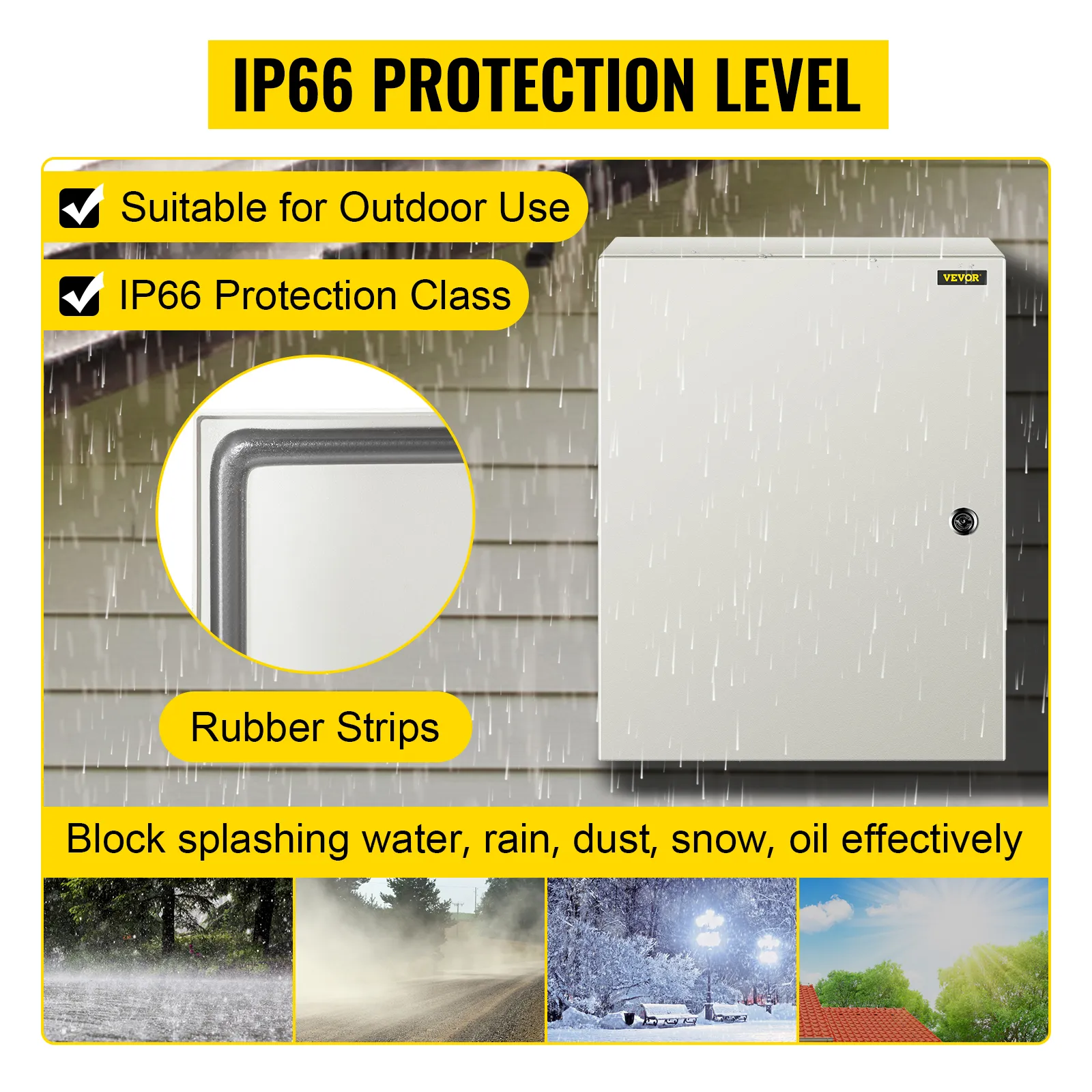 VEVOR nema steel enclosure with ip66 protection for outdoor use, rubber strips included.