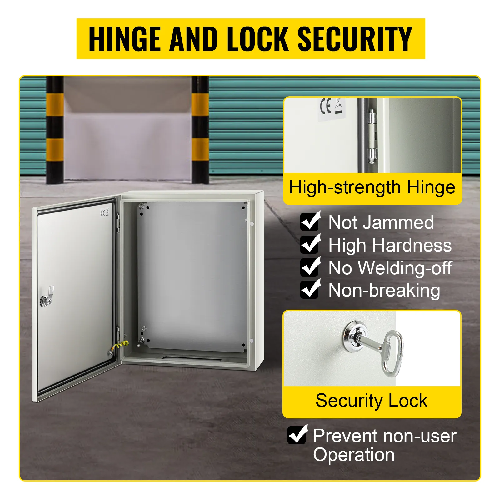 VEVOR nema steel enclosure with high-strength hinge and security lock.