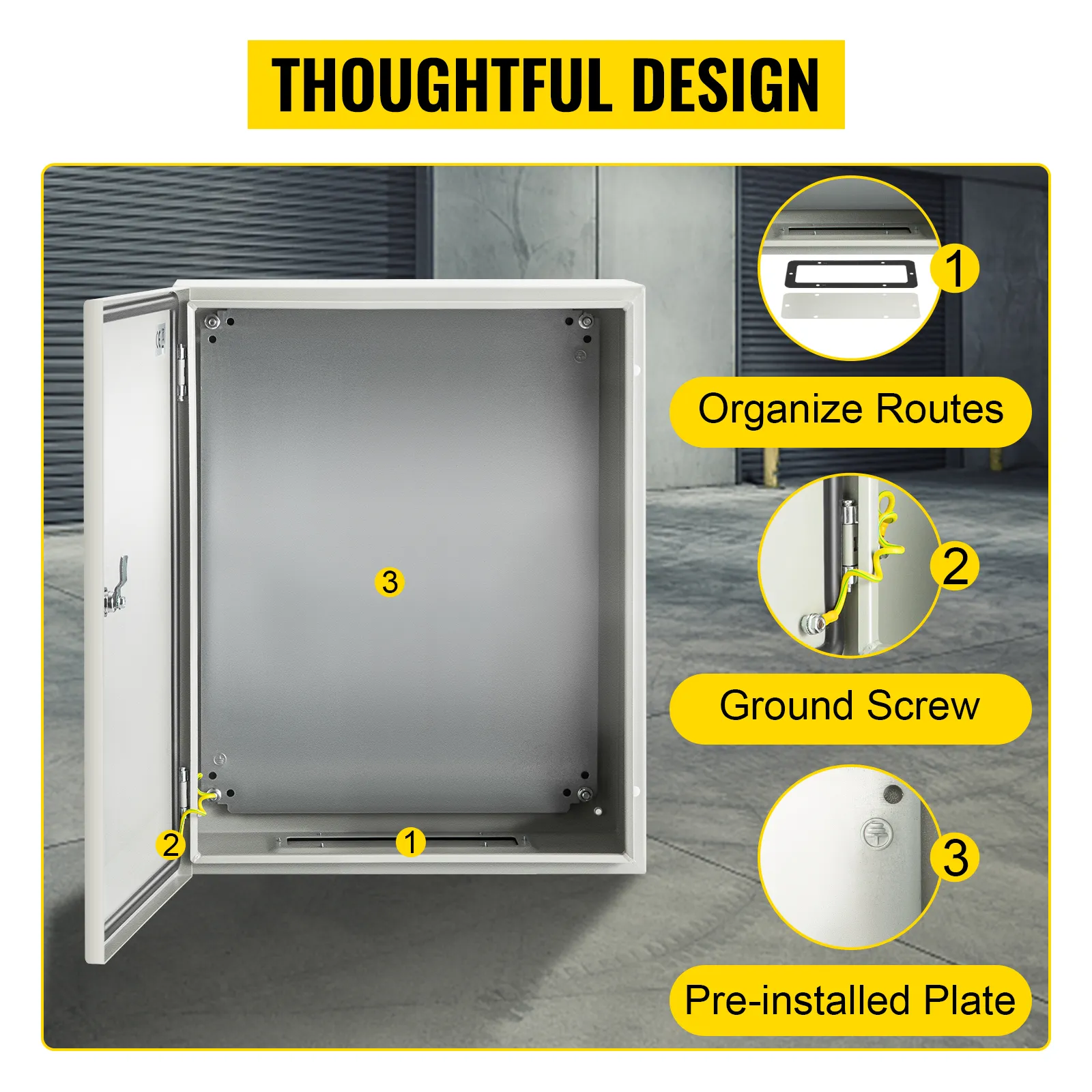 VEVOR nema steel enclosure showcasing organize routes, ground screw, and pre-installed plate.