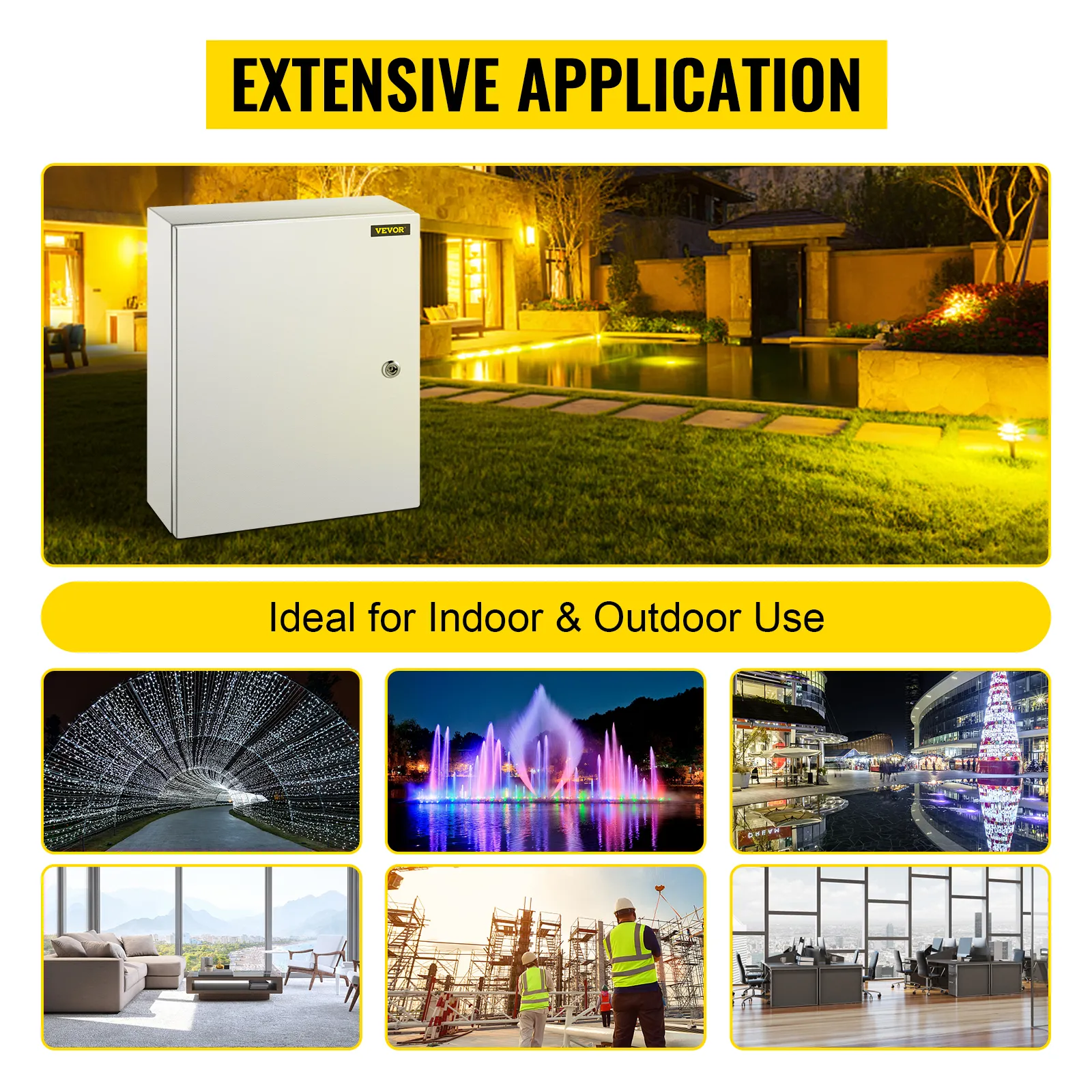 VEVOR nema steel enclosure for indoor and outdoor applications in various settings.