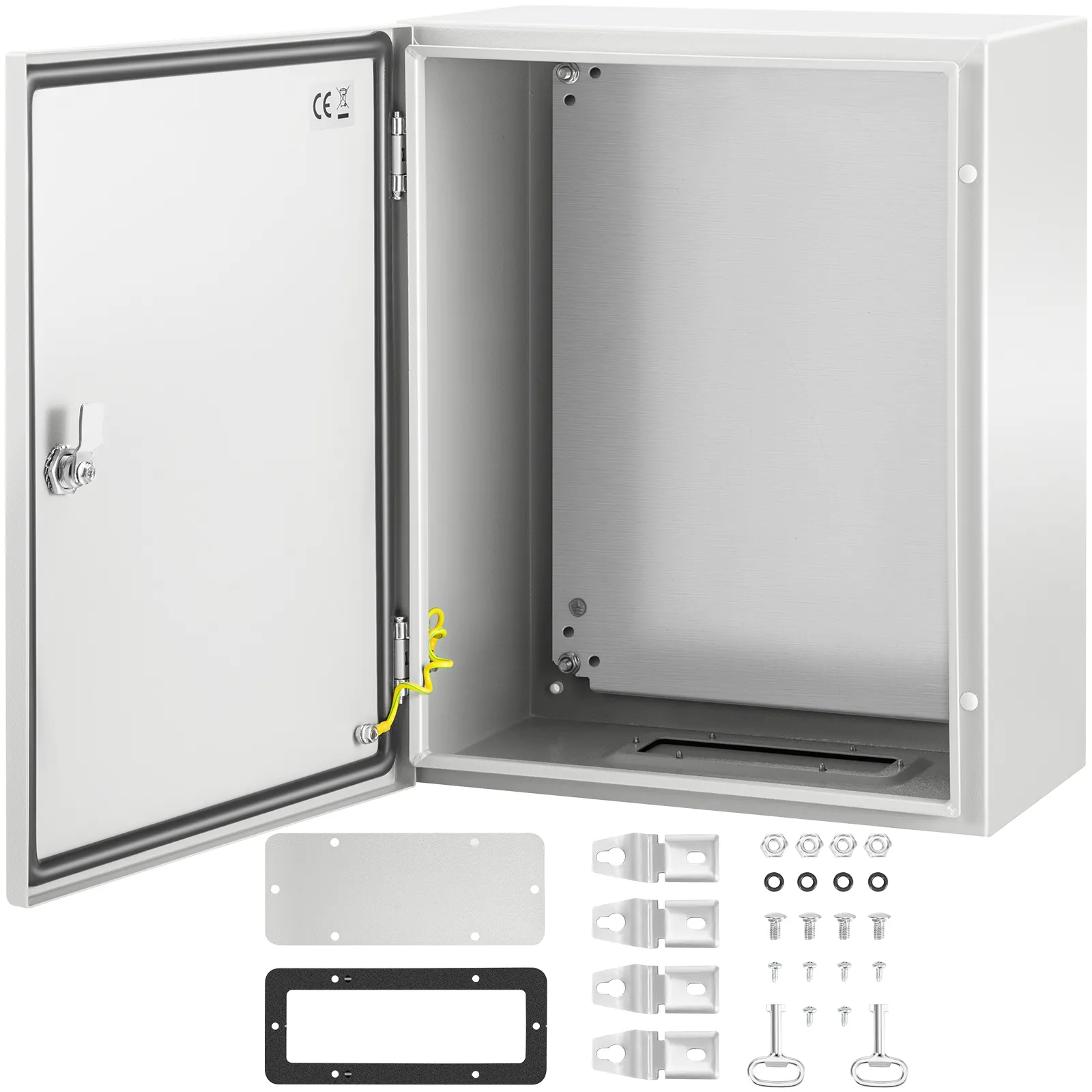 VEVOR nema steel enclosure with open door, mounting accessories, and installation hardware.