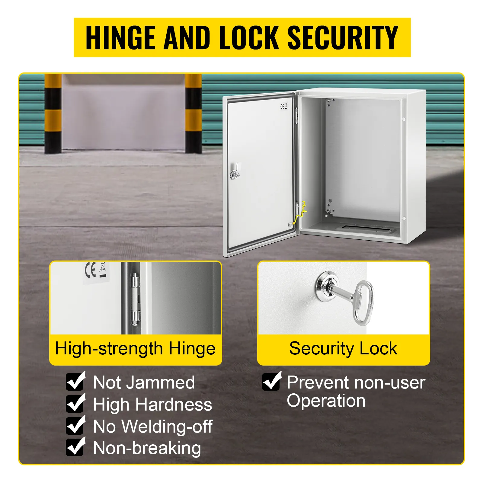 VEVOR nema steel enclosure, high-strength hinge, security lock, hinge and lock security.