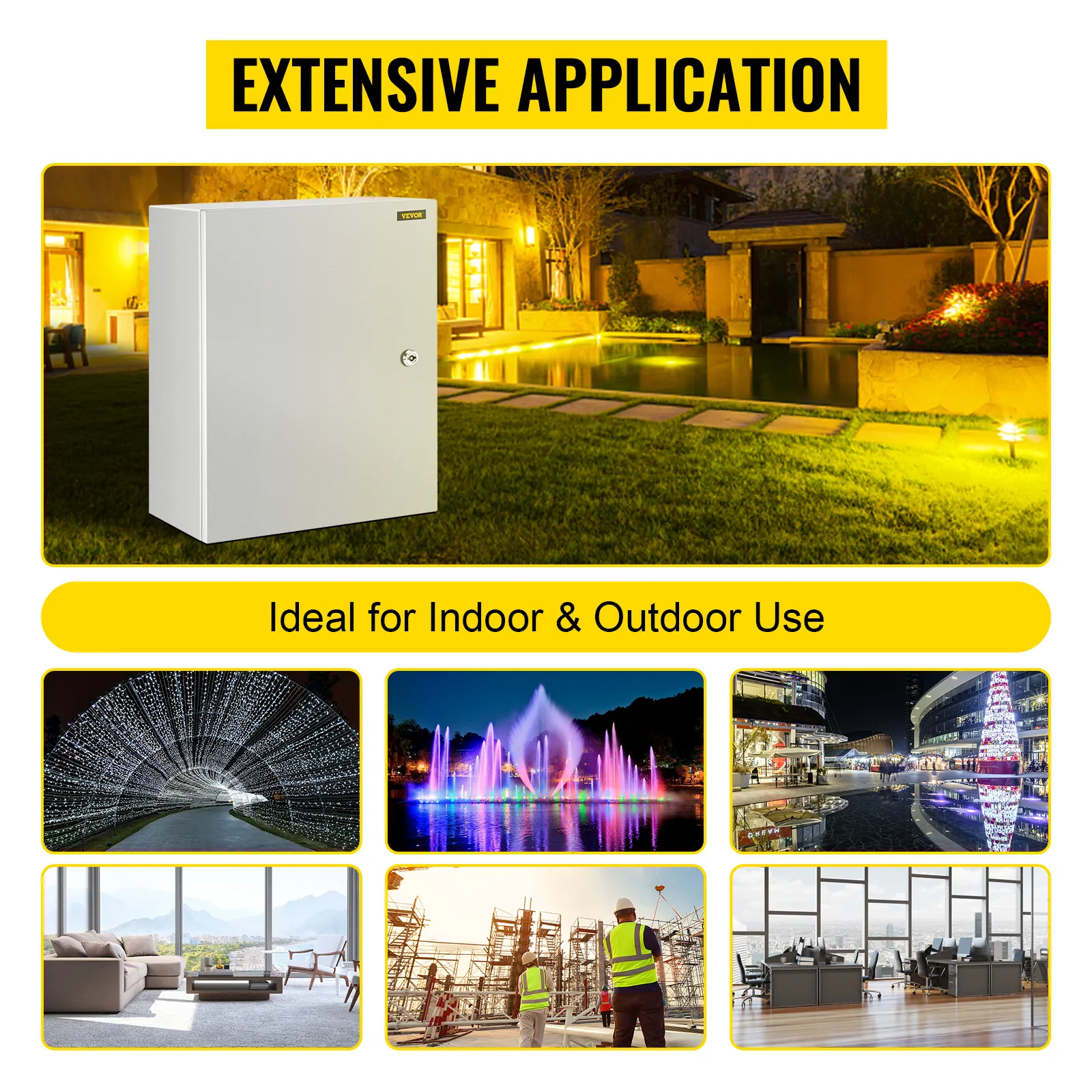 VEVOR nema steel enclosure for indoor and outdoor use, shown by various applications.