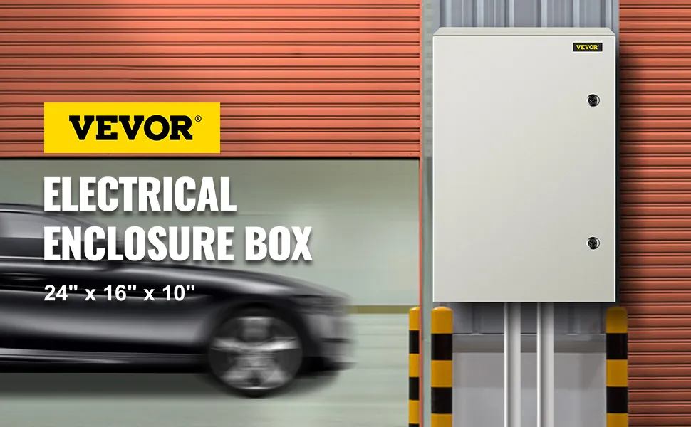 Caja eléctrica de acero VEVOR nema 4x, 24" x 16" x 10", montada en una pared junto a un garaje.