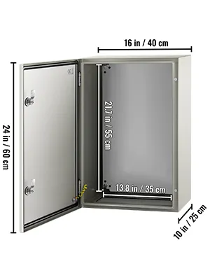 Caja eléctrica de acero VEVOR nema 4x con dimensiones indicadas: 24 x 16 x 10 pulgadas.
