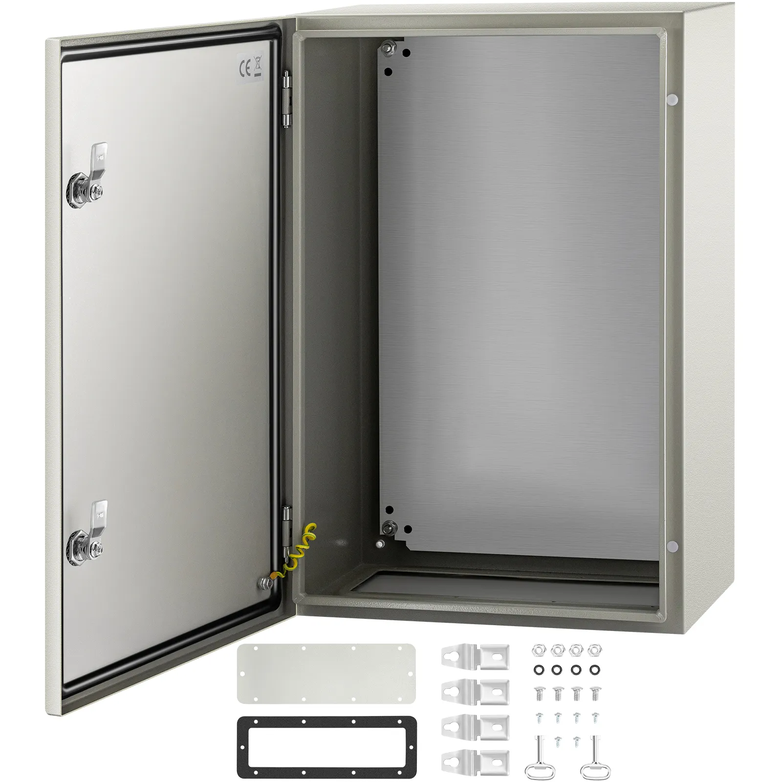 Caja eléctrica de acero VEVOR nema 4x con puerta abierta y accesorios de montaje mostrados.