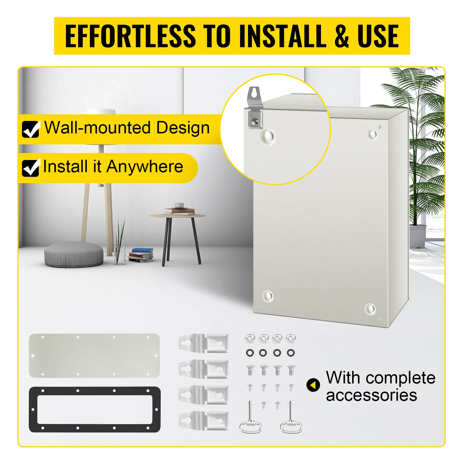 Caja eléctrica de acero VEVOR nema 4x, diseño para montaje en pared, accesorios completos.
